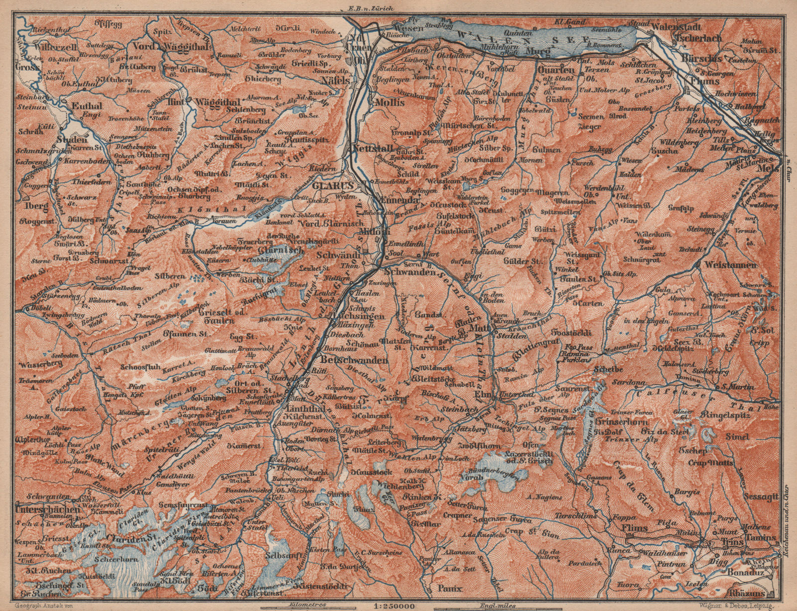 GLARUS CANTON. Flums Braunwald Flims Näfels Walen See Linththal 1893 old map